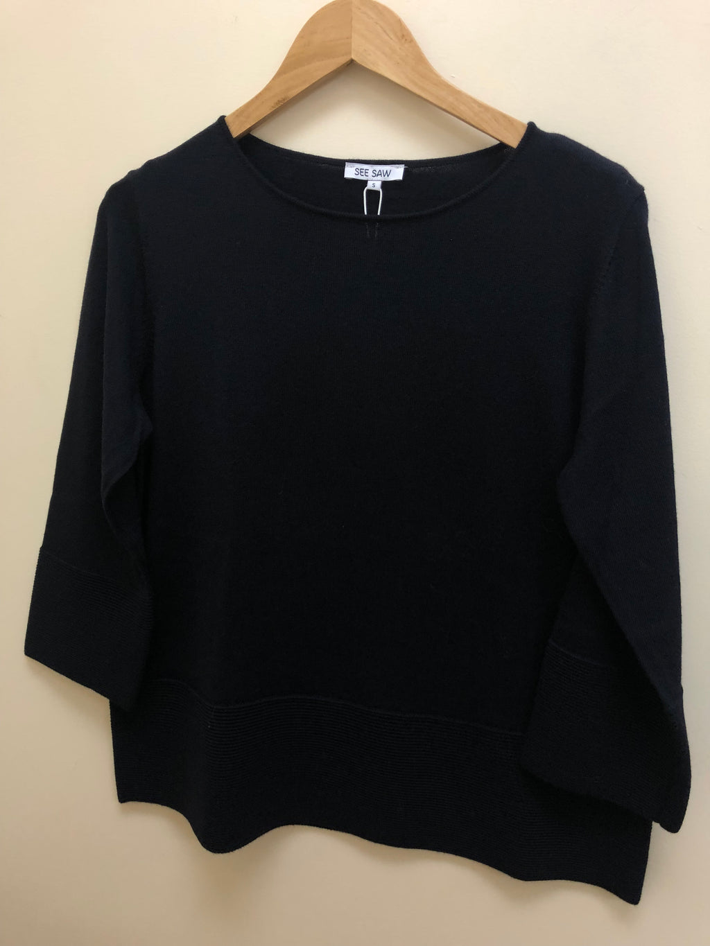 100% Merino 7/8 Sleeve Rib Sweater- Navy
