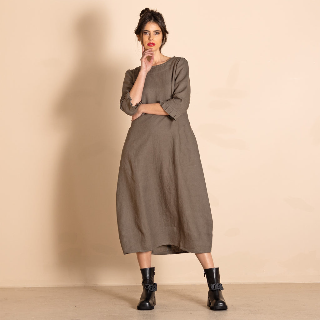 Lulu Pleat Romance Dress in Khaki | Size 16