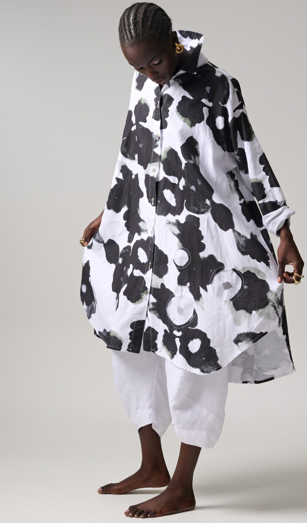 Long Sleeve Shirt Dress - Flower Print