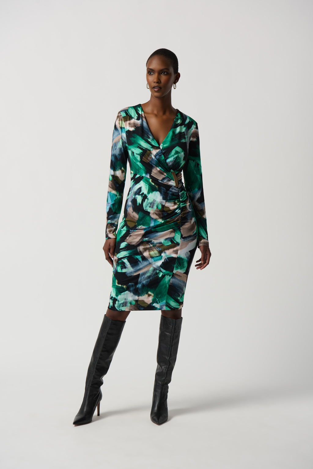 Abstract Print Silky Knit Wrap Dress With Ornament