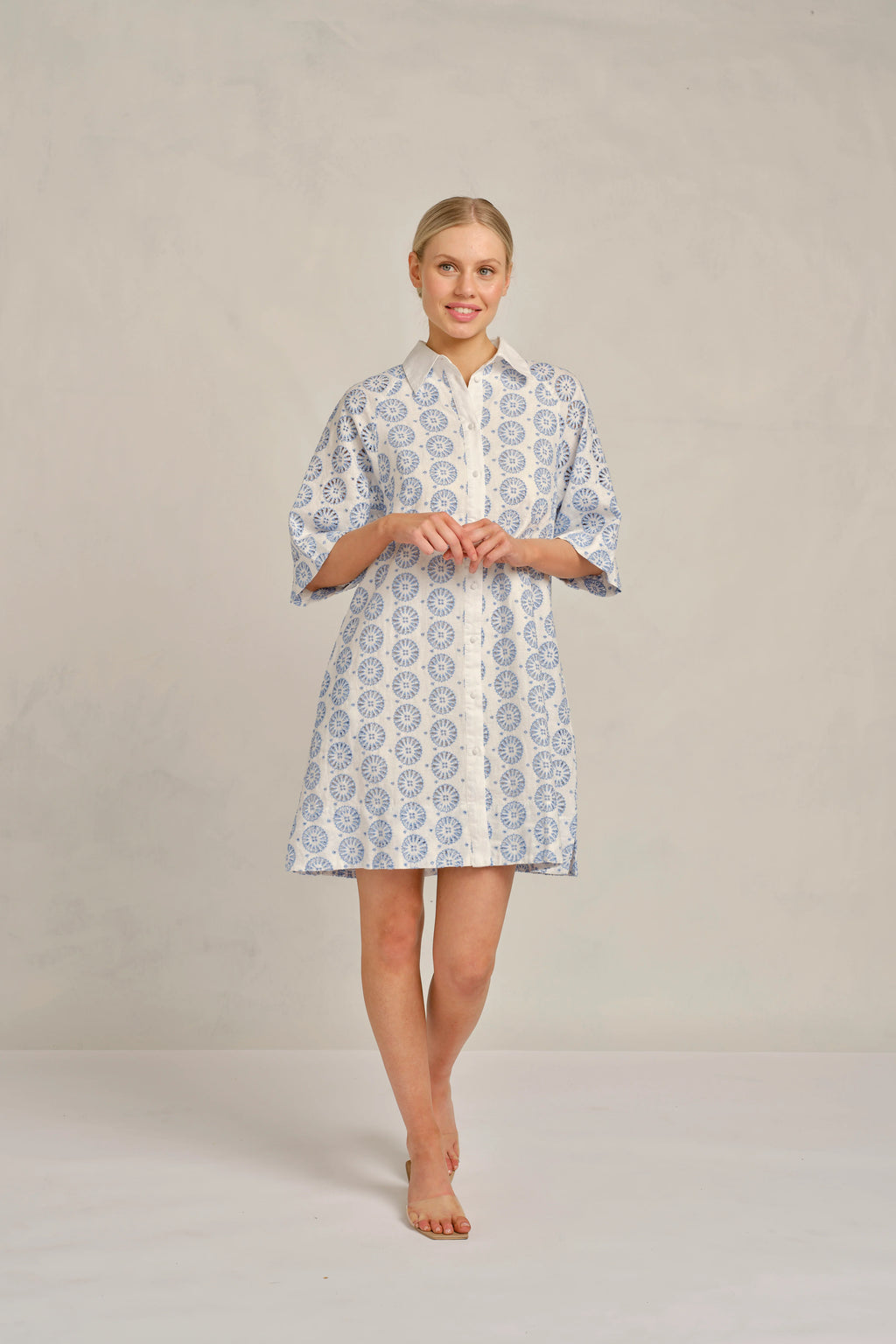 Aurienne Linen Broidery Dress in Bluebell Posy