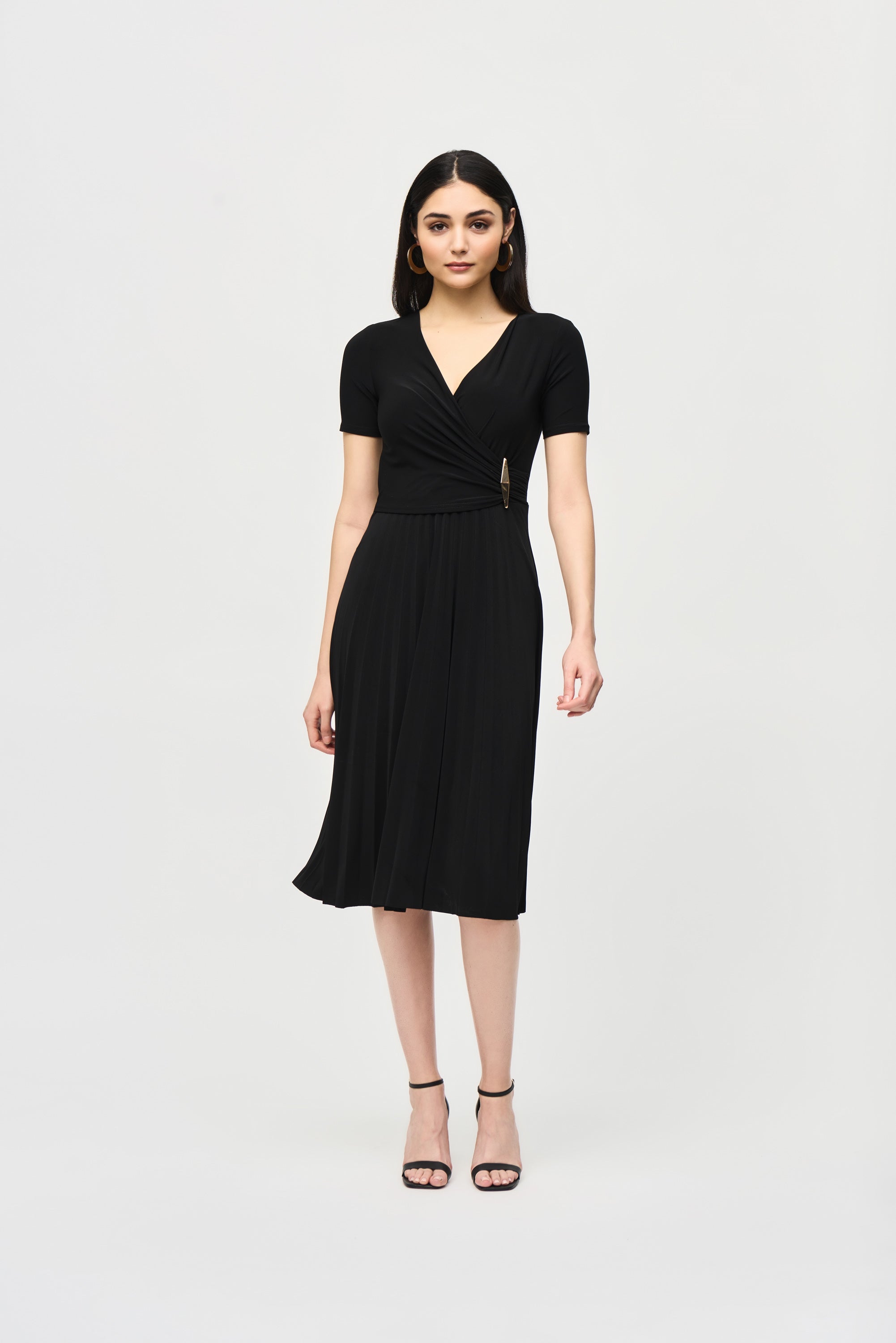 Silky Knit Pleated Wrap Dress- Black