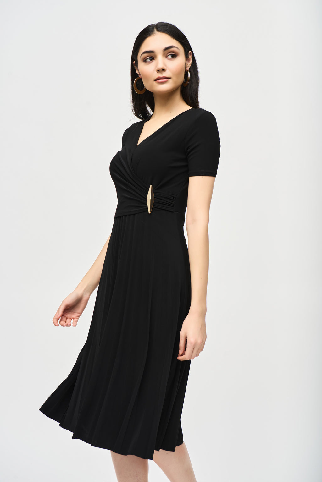Silky Knit Pleated Wrap Dress- Black