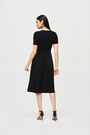 Silky Knit Pleated Wrap Dress- Black