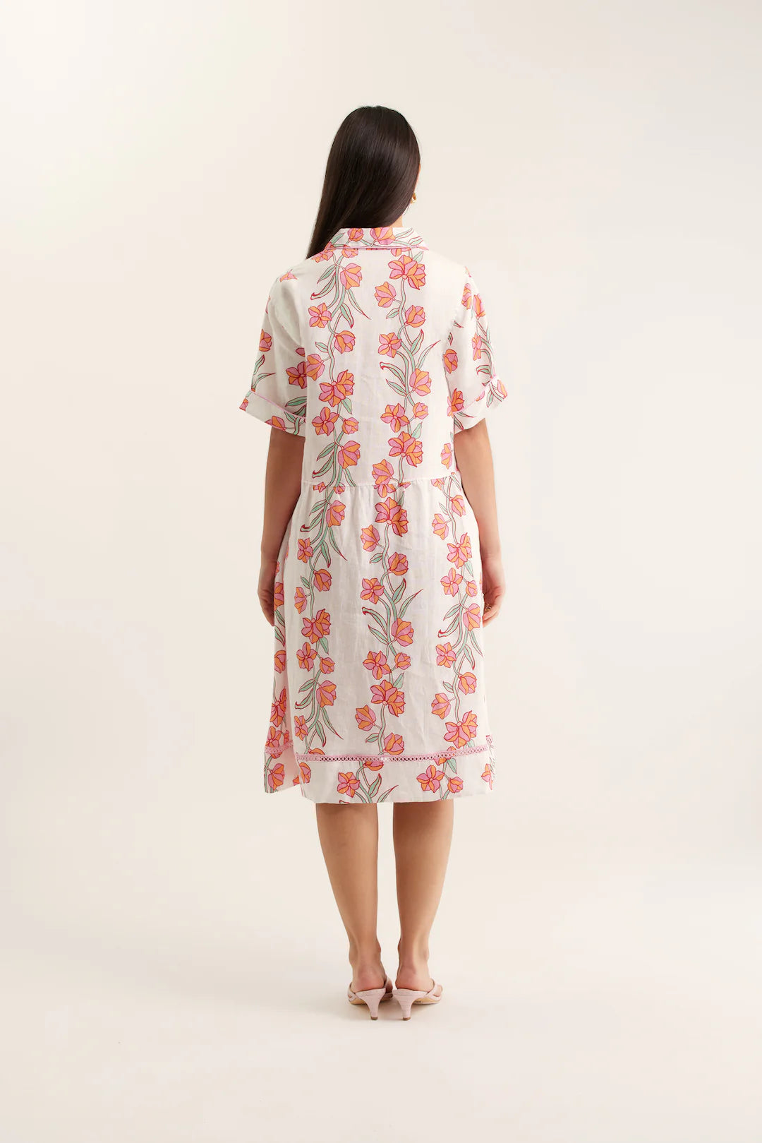 Maxine Linen Dress in Pink Vine Print | Size M