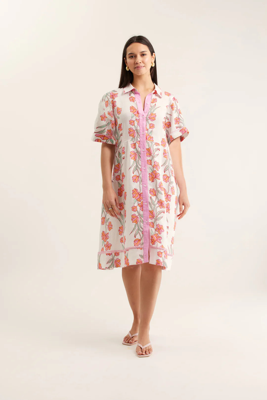Maxine Linen Dress in Pink Vine Print | Size M