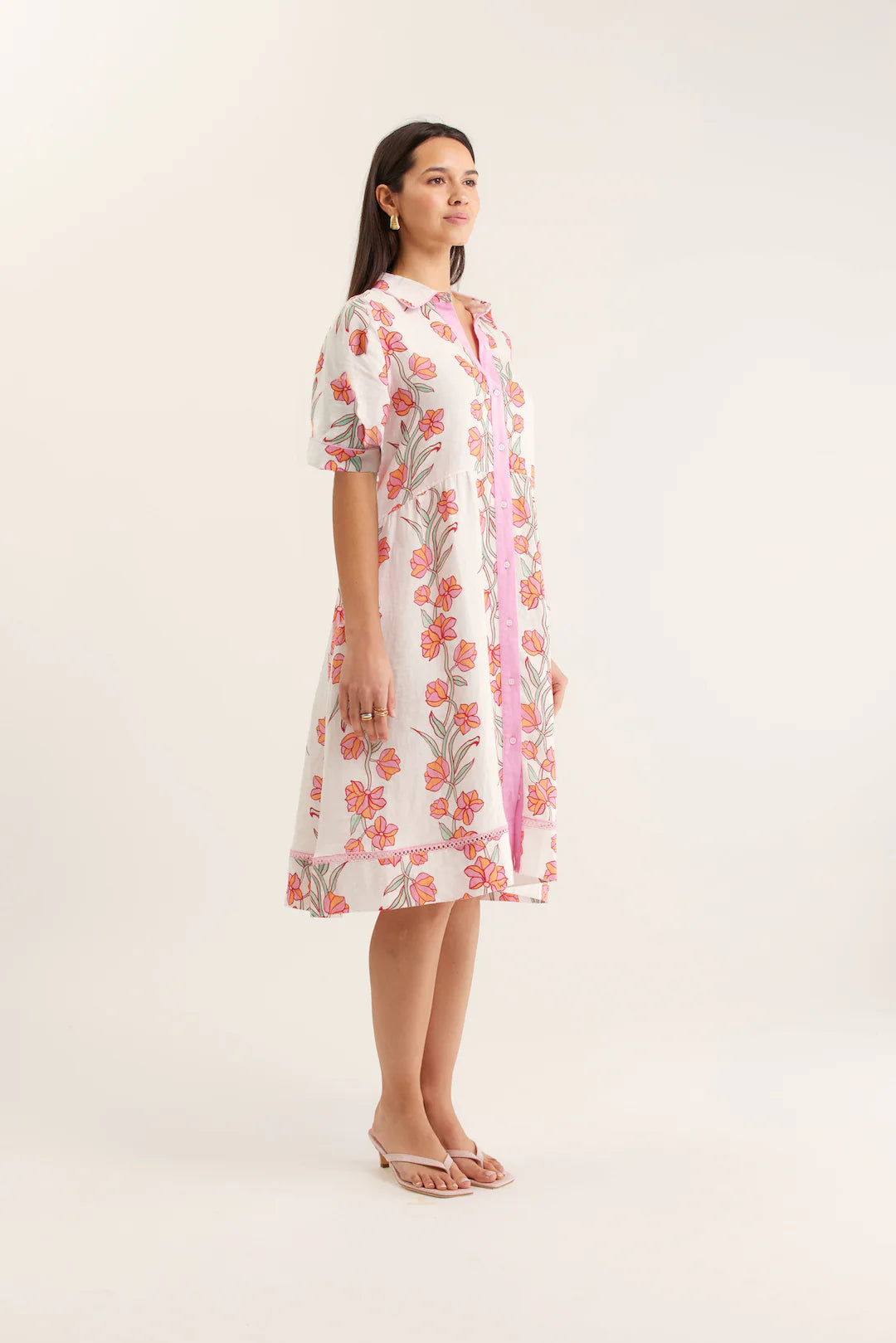 Maxine Linen Dress in Pink Vine Print | Size M