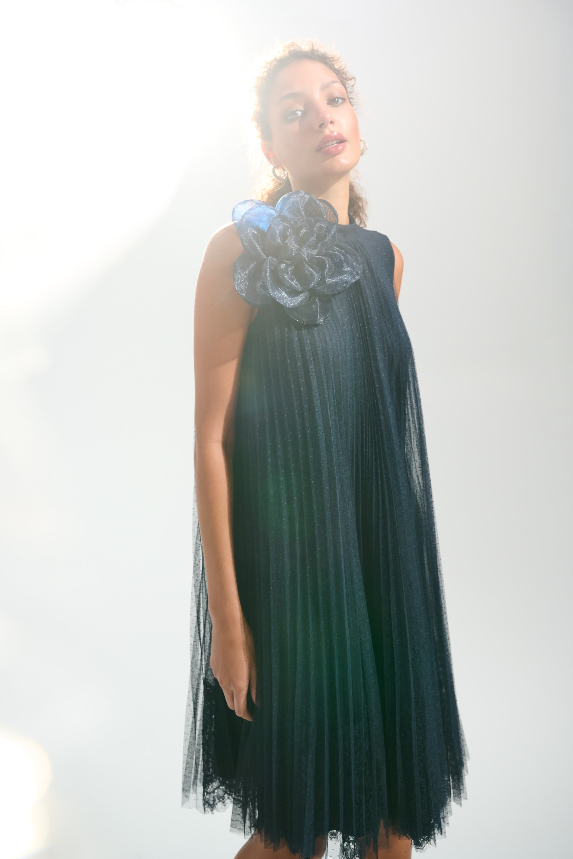 Signature | Mesh And Lace A-Line Dress With Organza Flower Detail