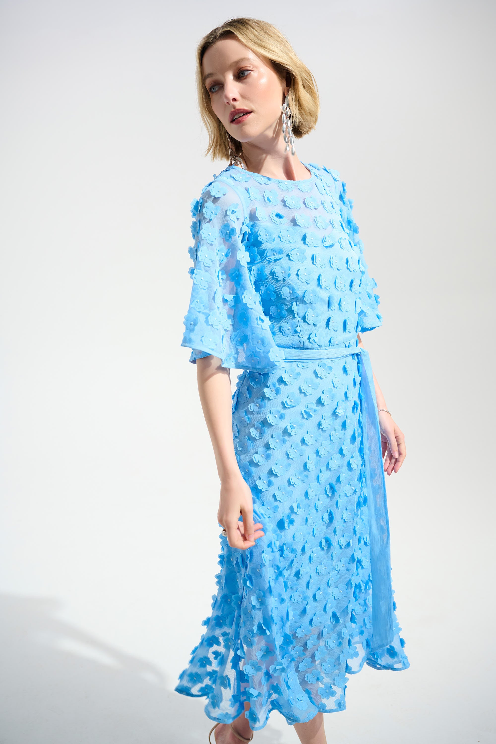 Signature | 3D Embroidered Chiffon Fit And Flare Dress With Sash Belt