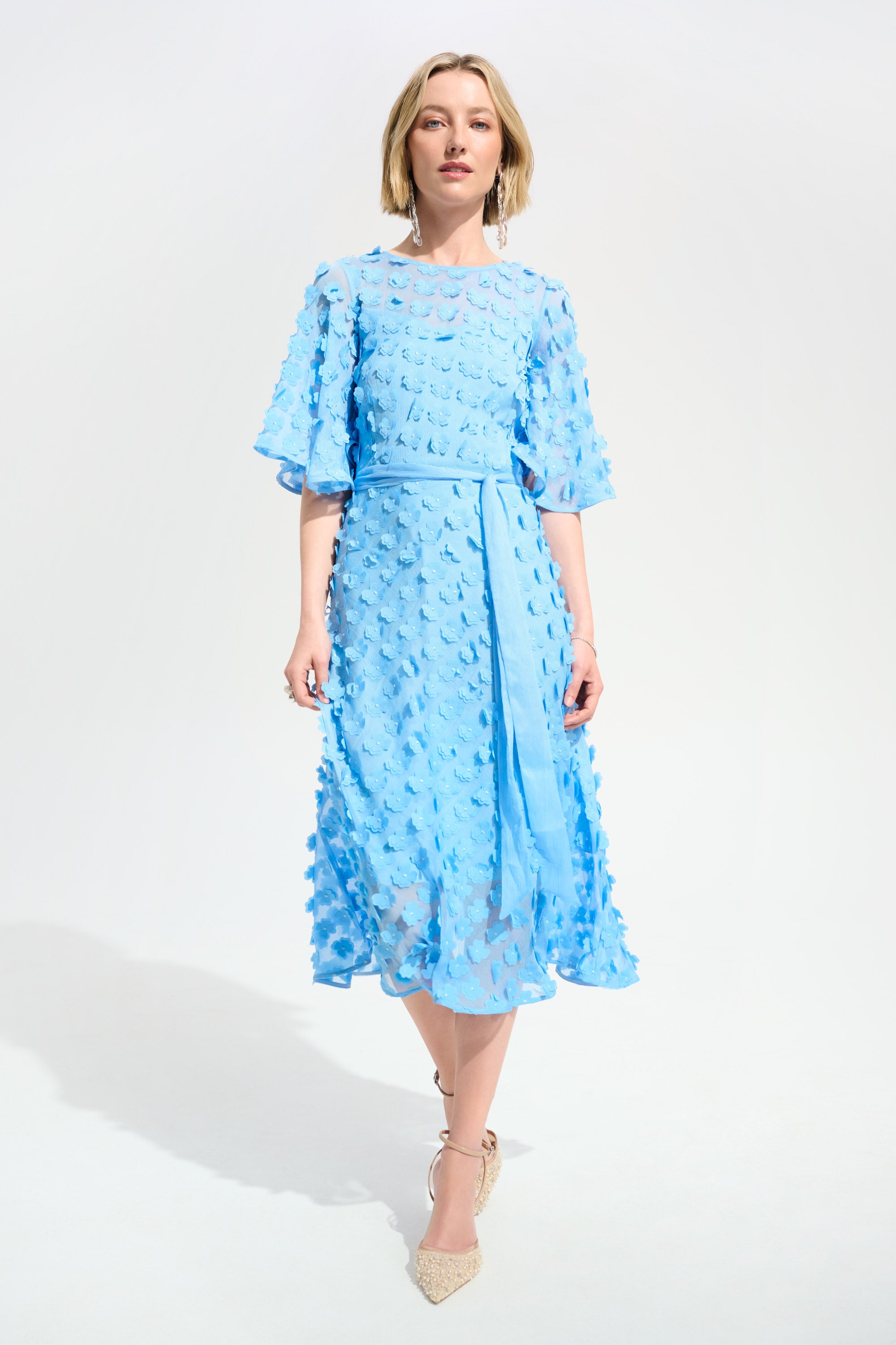 Signature | 3D Embroidered Chiffon Fit And Flare Dress With Sash Belt
