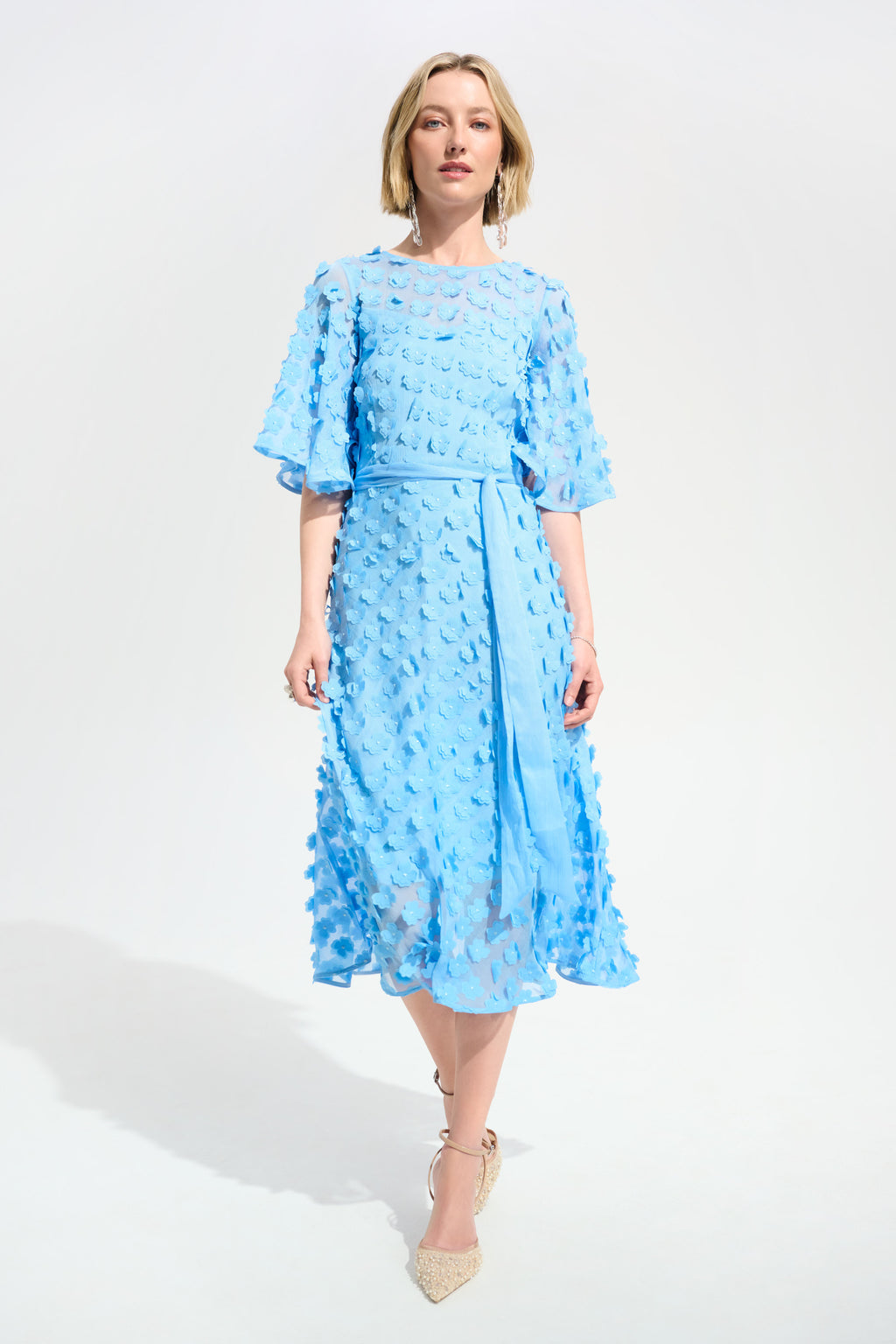 Signature | 3D Embroidered Chiffon Fit And Flare Dress With Sash Belt
