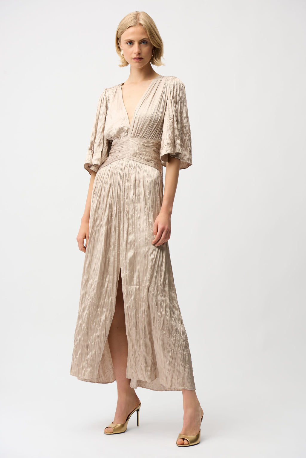 Satin Fit and Flare Pleated Dress with Knot Waist Detail