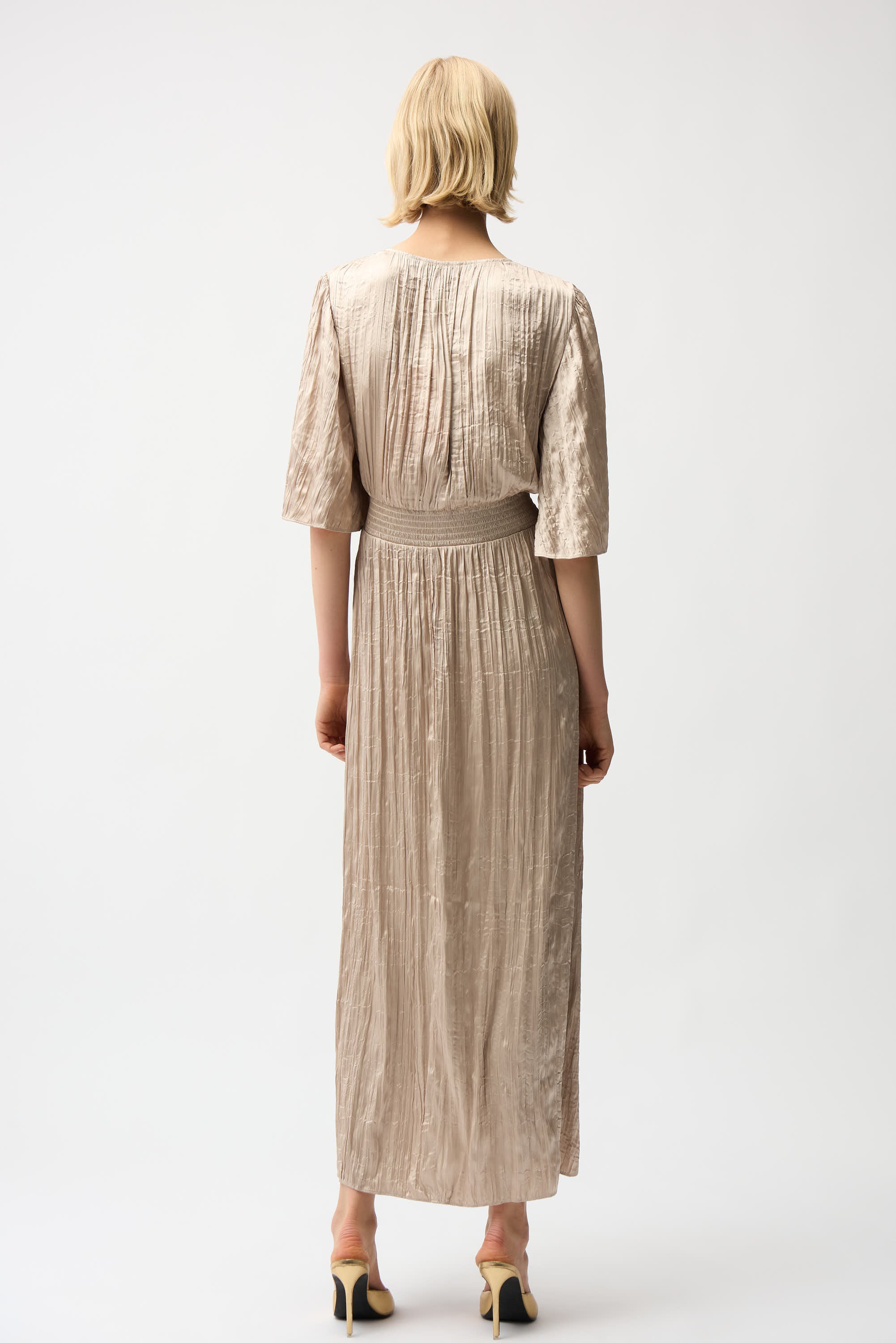 Satin Fit and Flare Pleated Dress with Knot Waist Detail