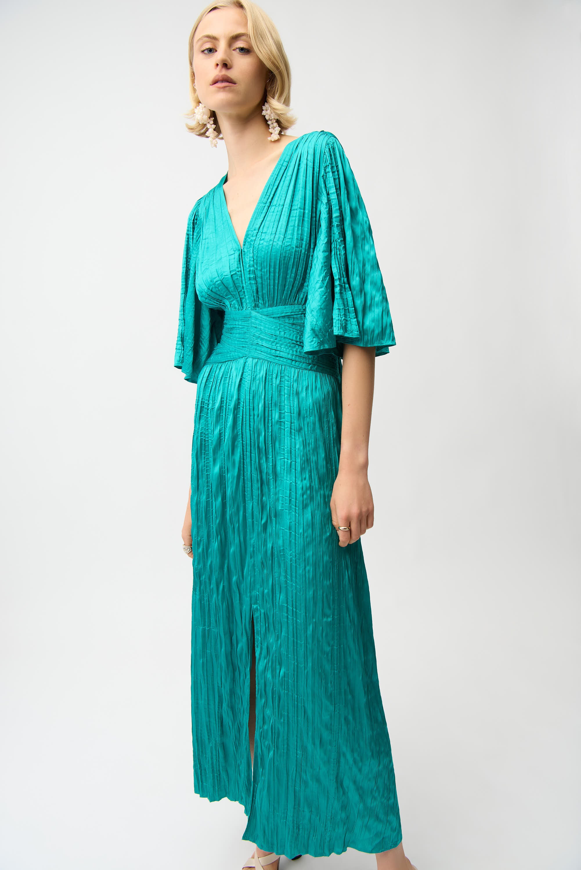 Satin Fit and Flare Pleated Dress with Knot Waist Detail