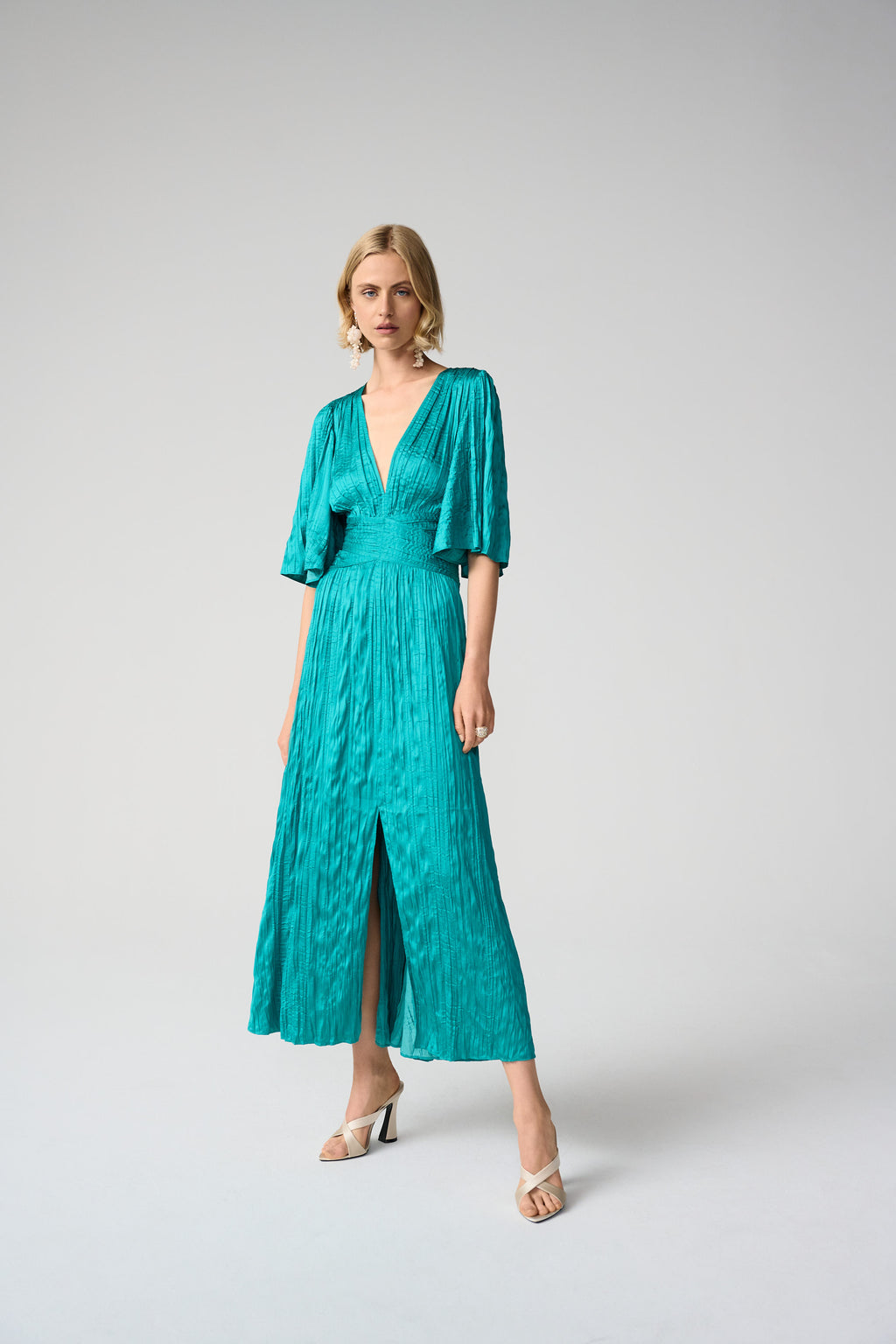 Satin Fit and Flare Pleated Dress with Knot Waist Detail