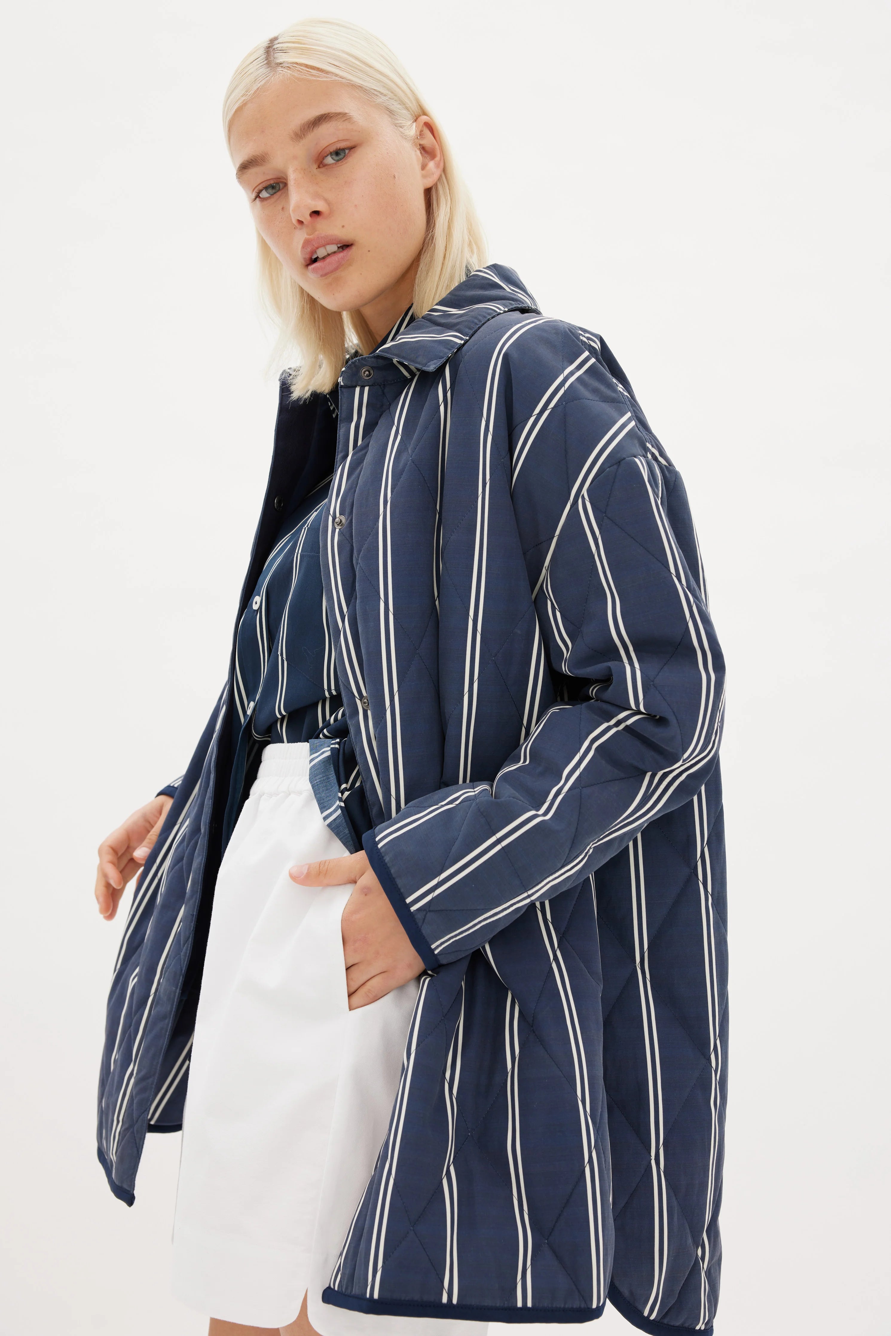 Parker Quilted Stripes Jacket - Navy/White