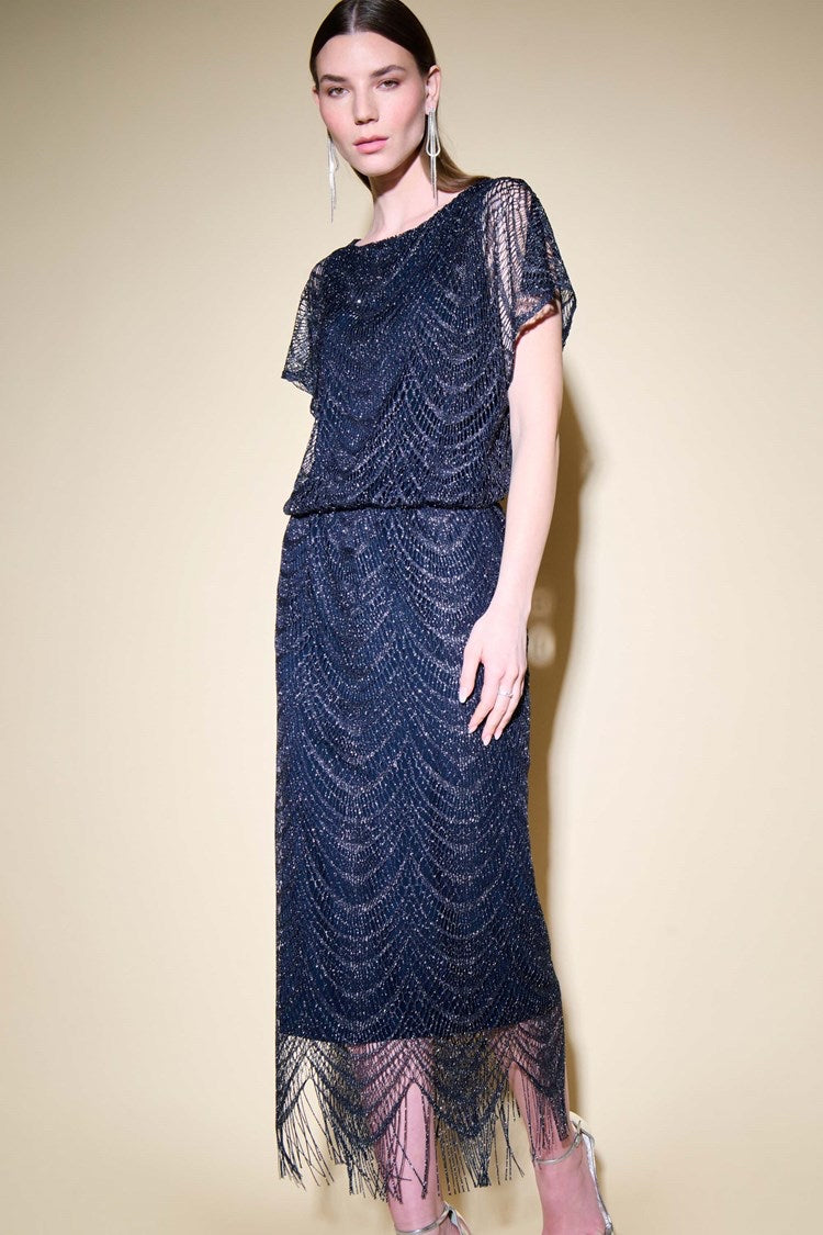 Lurex Lace Straight Dress With Fringe Hemline