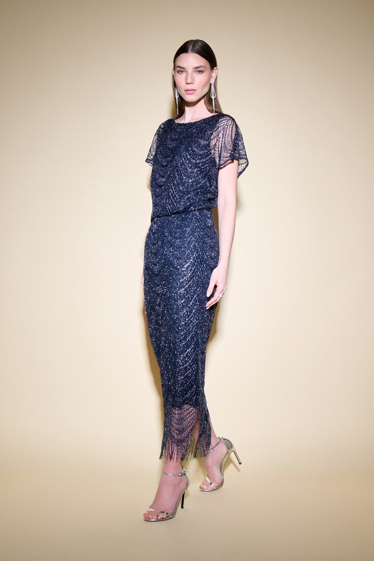 Lurex Lace Straight Dress With Fringe Hemline