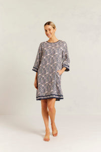 Claire Linen Dress in Navy Raya Print - Size S