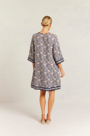 Claire Linen Dress in Navy Raya Print - Size S