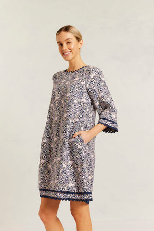 Claire Linen Dress in Navy Raya Print - Size S