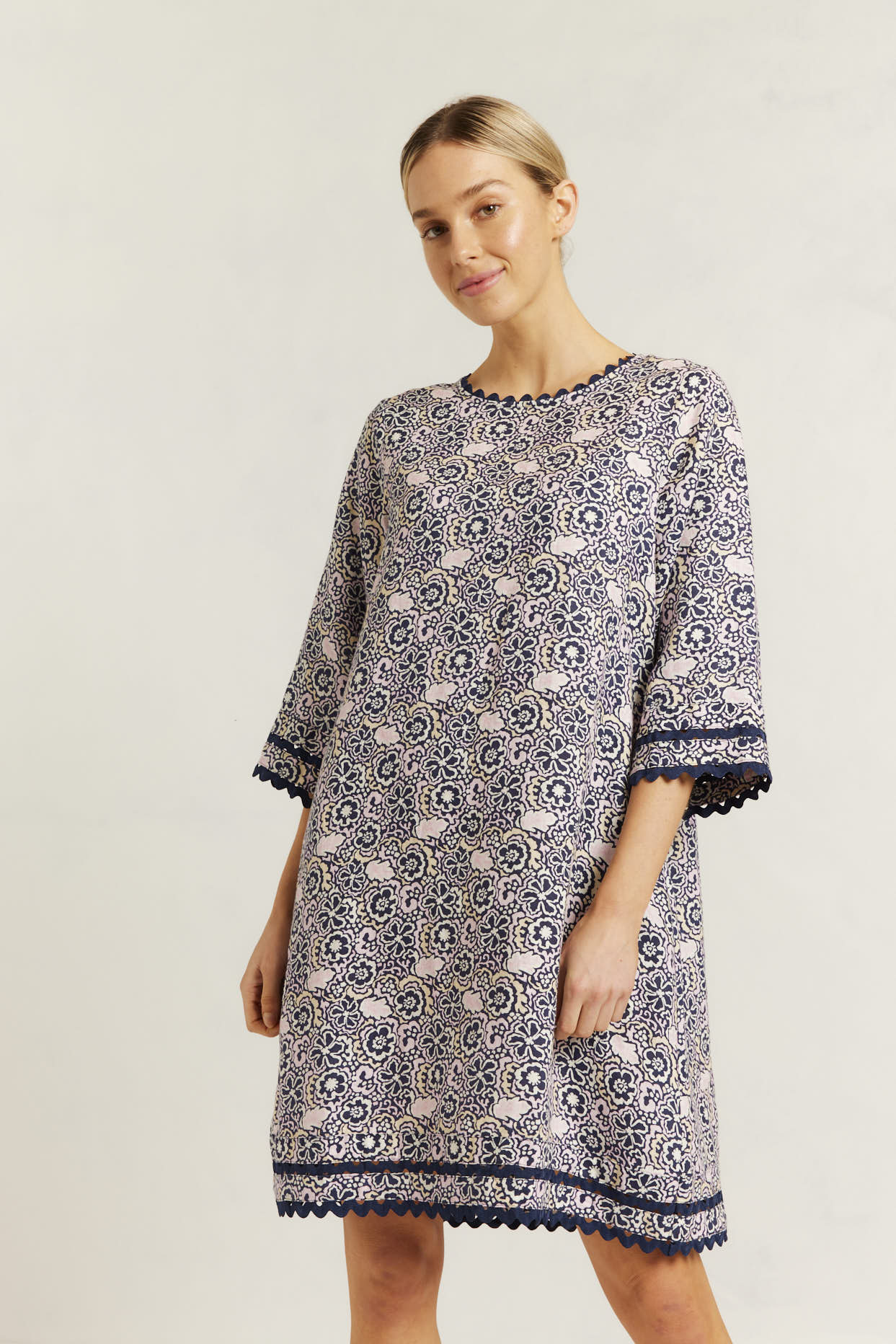 Claire Linen Dress in Navy Raya Print - Size S