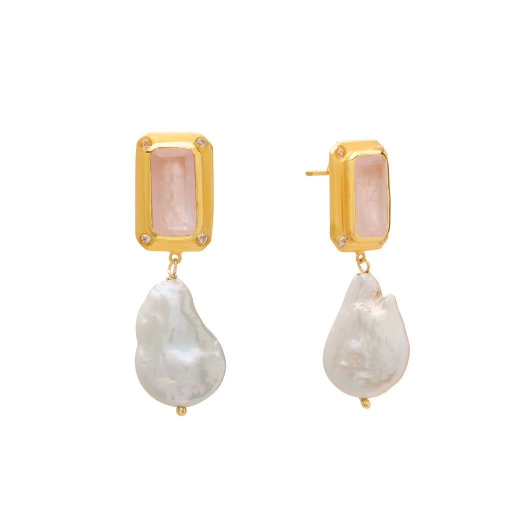 Hanging Pearl Earring with Rose Quartz & White Topaz