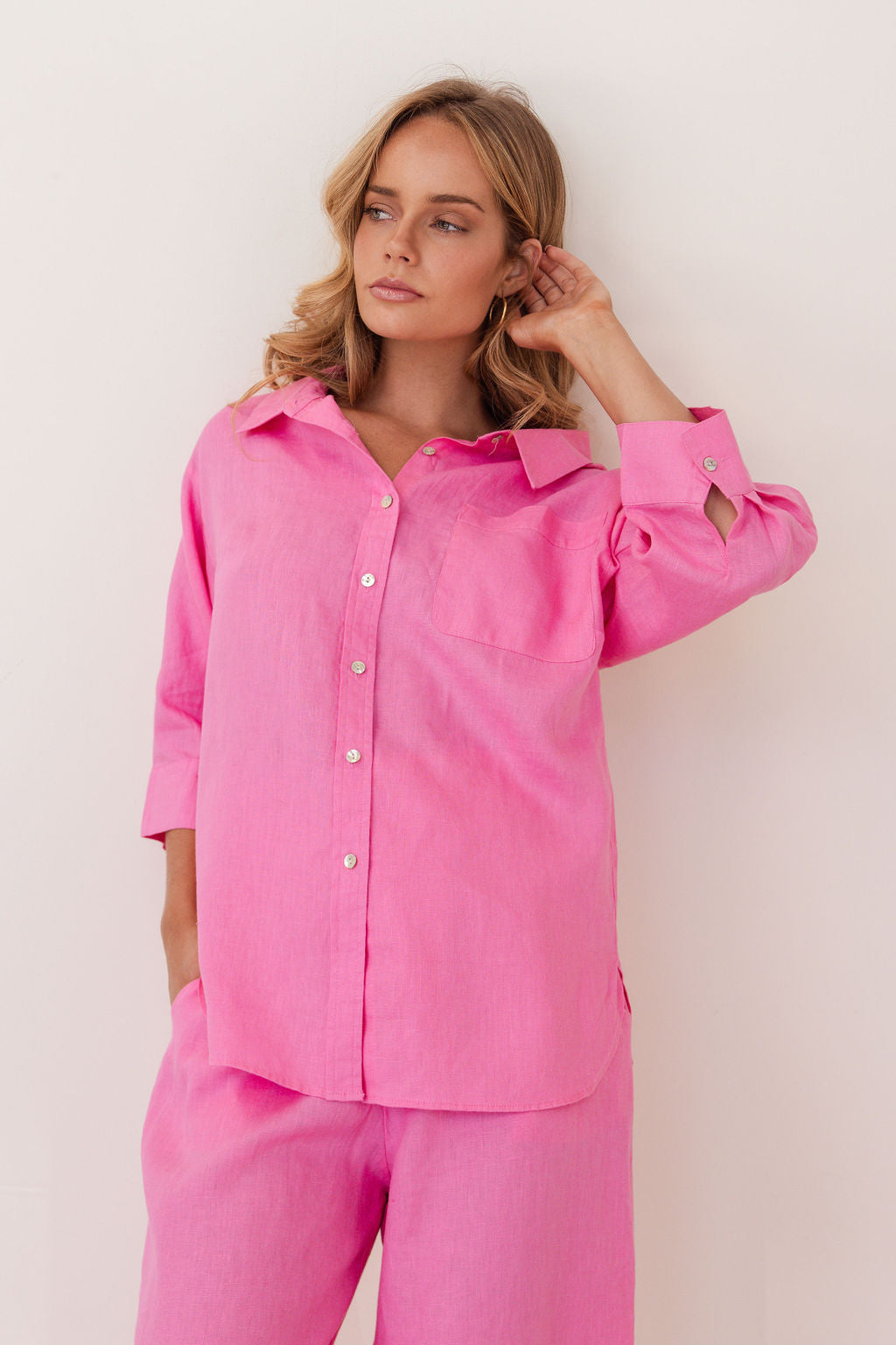 100% Linen Elbow Sleeve Shirt in Pink