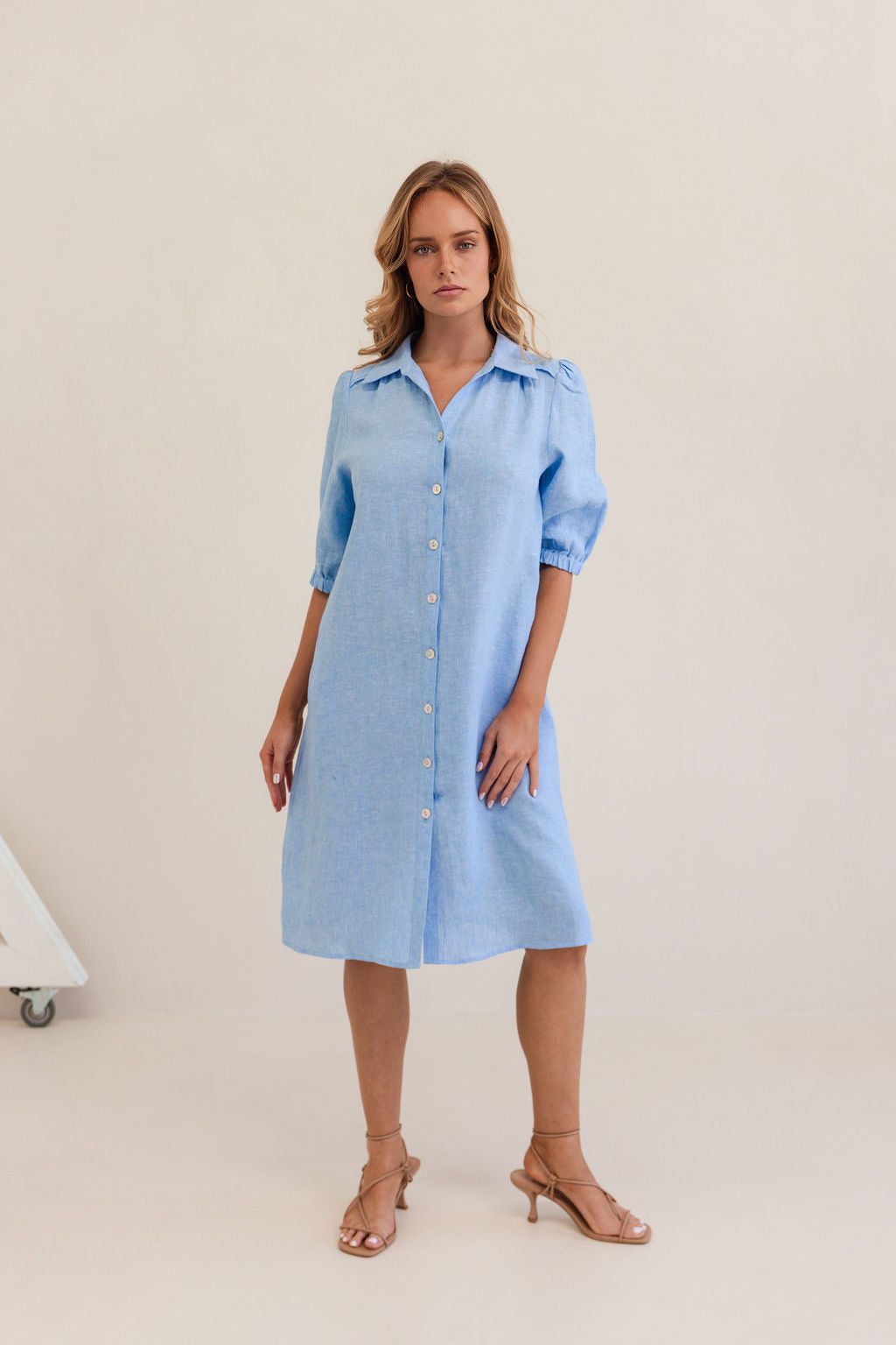 100% Linen Collared Button Thru Dress in Chambray