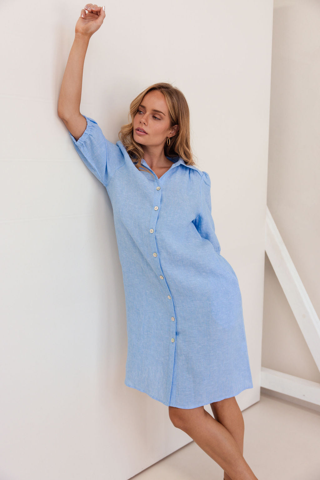 100% Linen Collared Button Thru Dress in Chambray