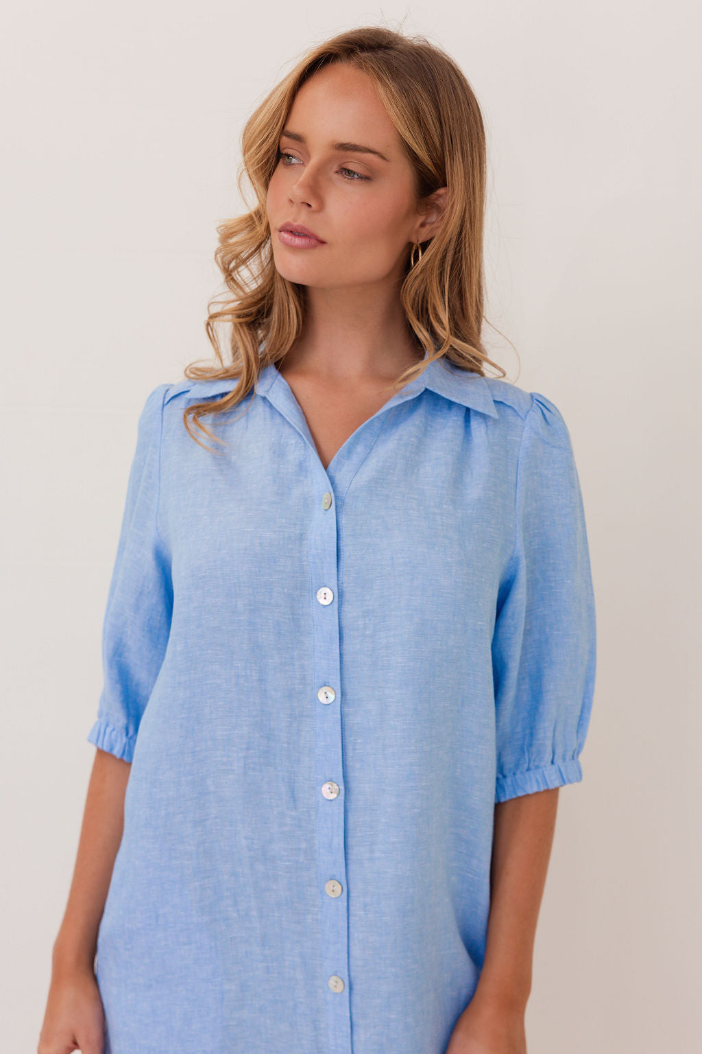 100% Linen Collared Button Thru Dress in Chambray
