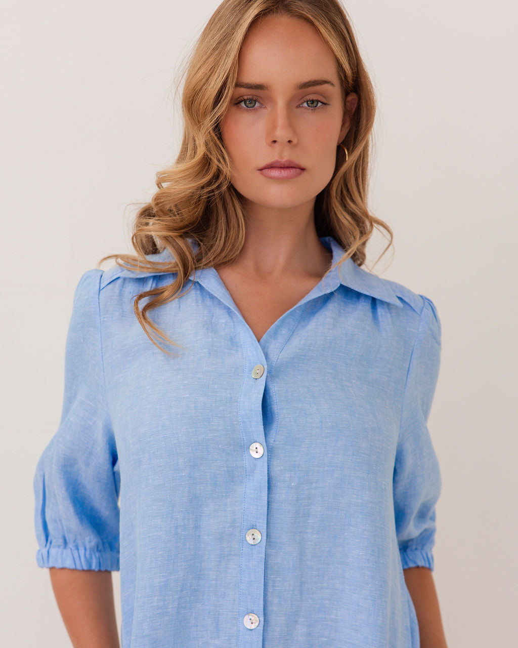 100% Linen Collared Button Thru Dress in Chambray