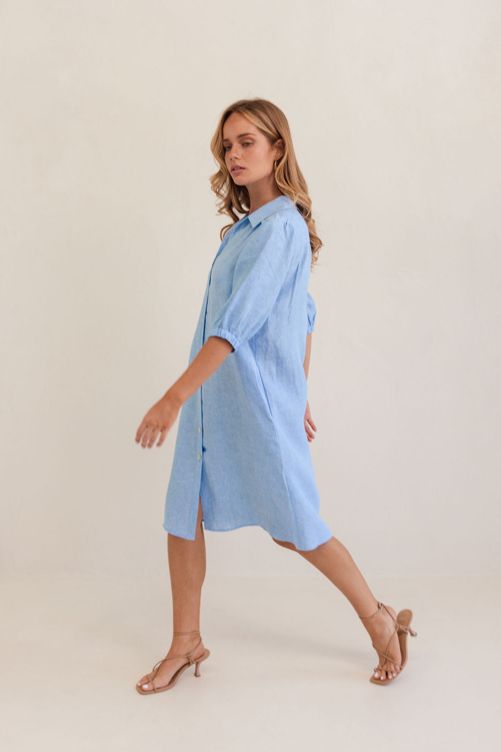 100% Linen Collared Button Thru Dress in Chambray