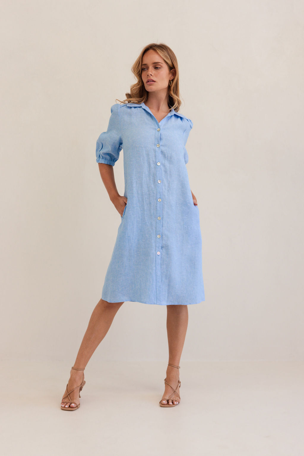 100% Linen Collared Button Thru Dress in Chambray