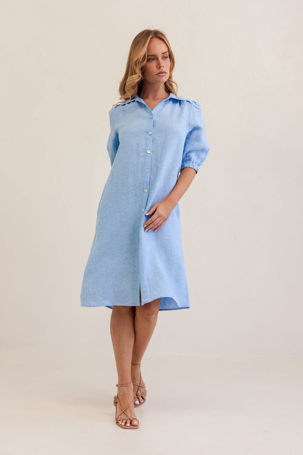 100% Linen Collared Button Thru Dress in Chambray