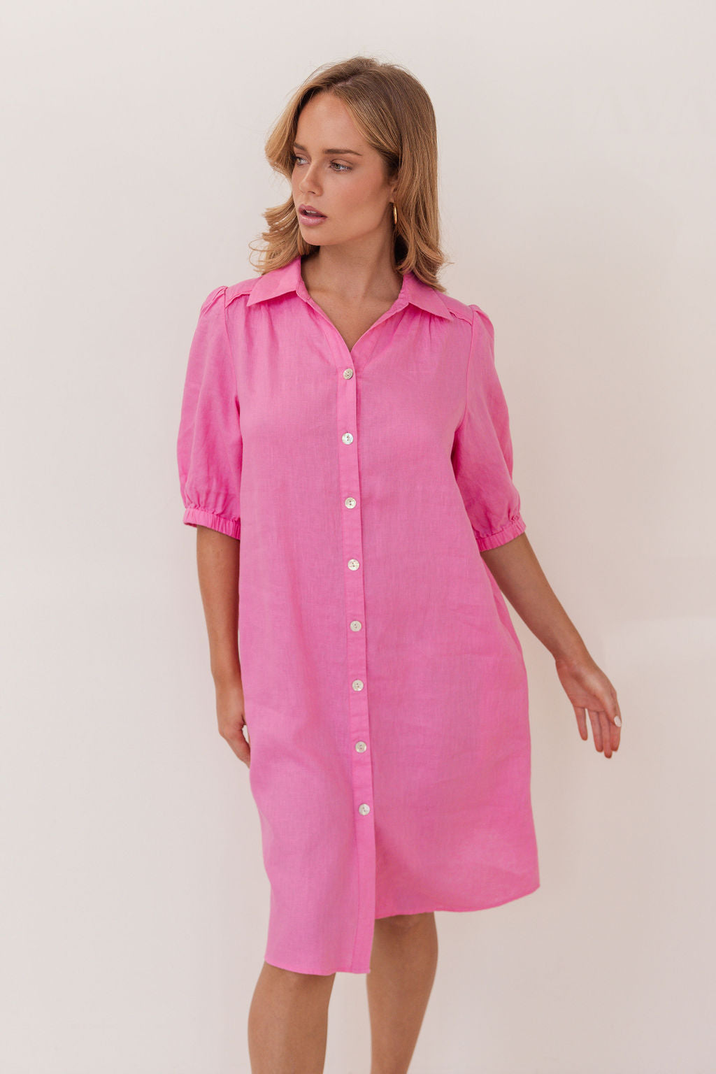 100% Linen Collared Button Thru Dress in Pink
