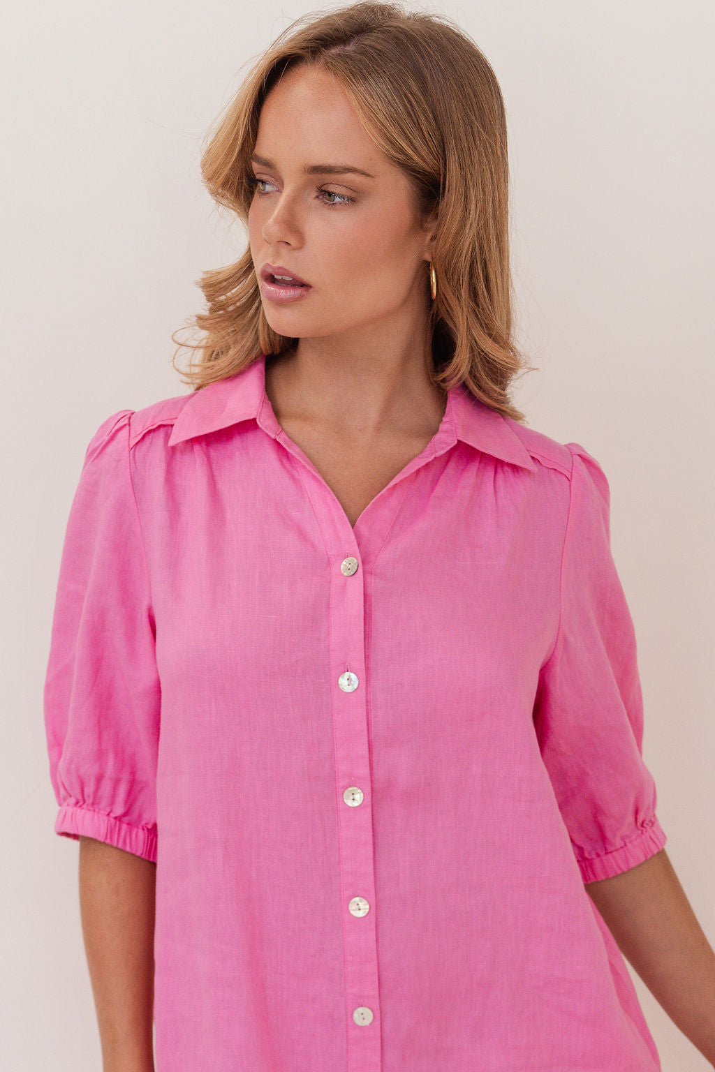 100% Linen Collared Button Thru Dress in Pink