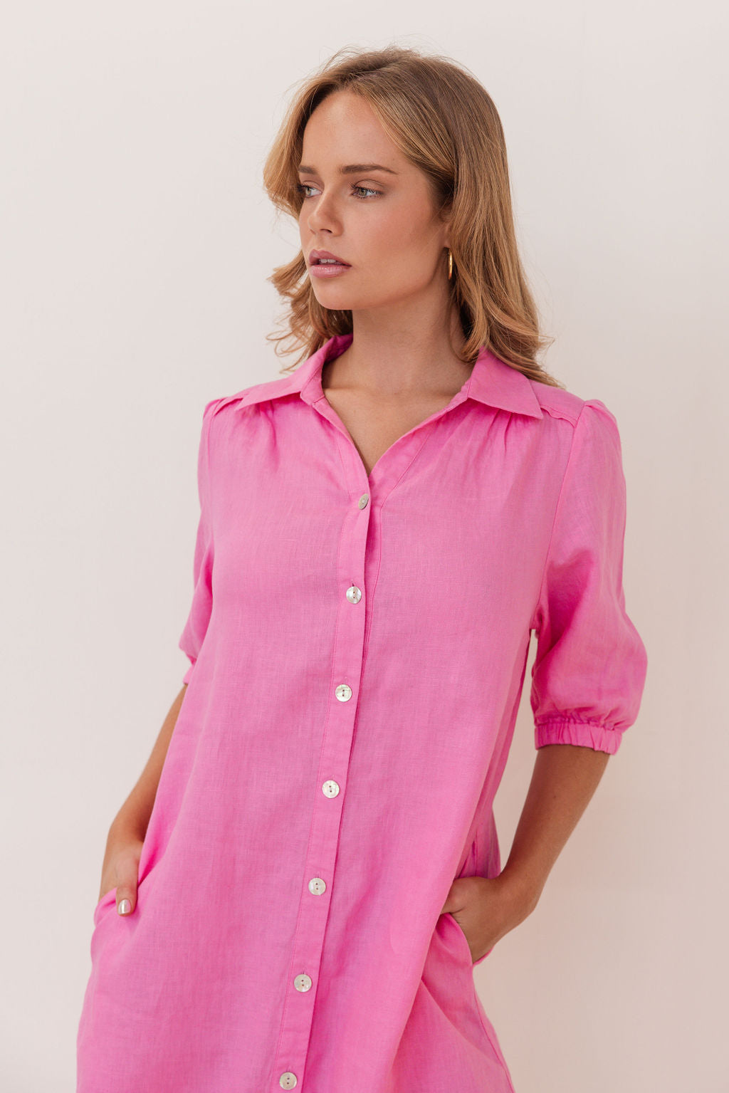100% Linen Collared Button Thru Dress in Pink