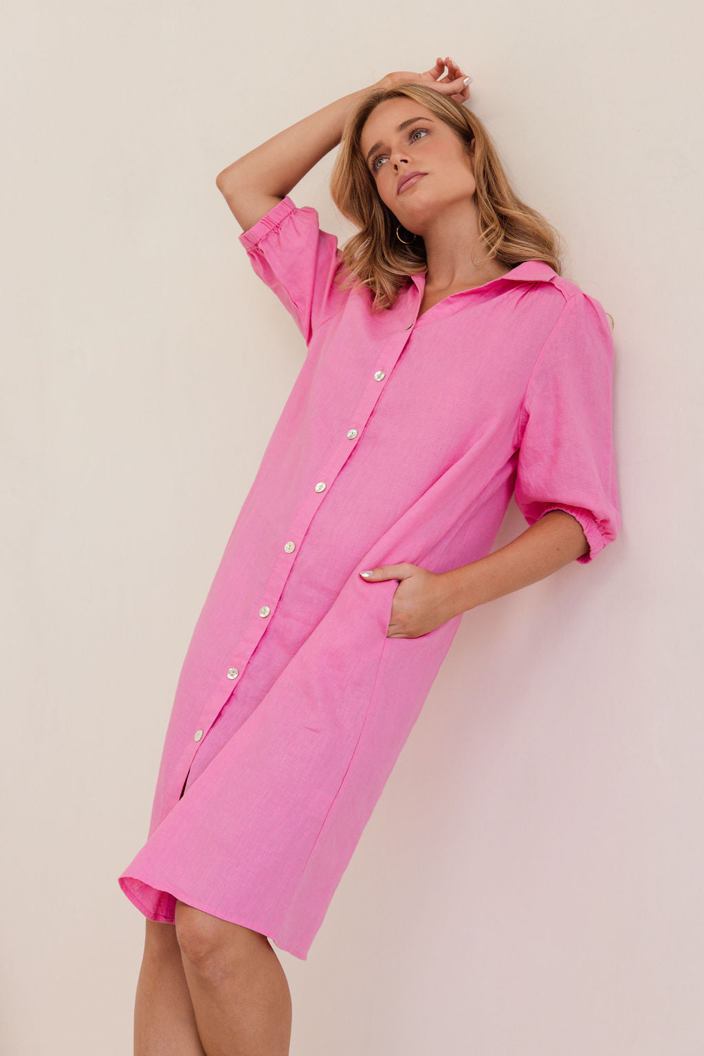 100% Linen Collared Button Thru Dress in Pink