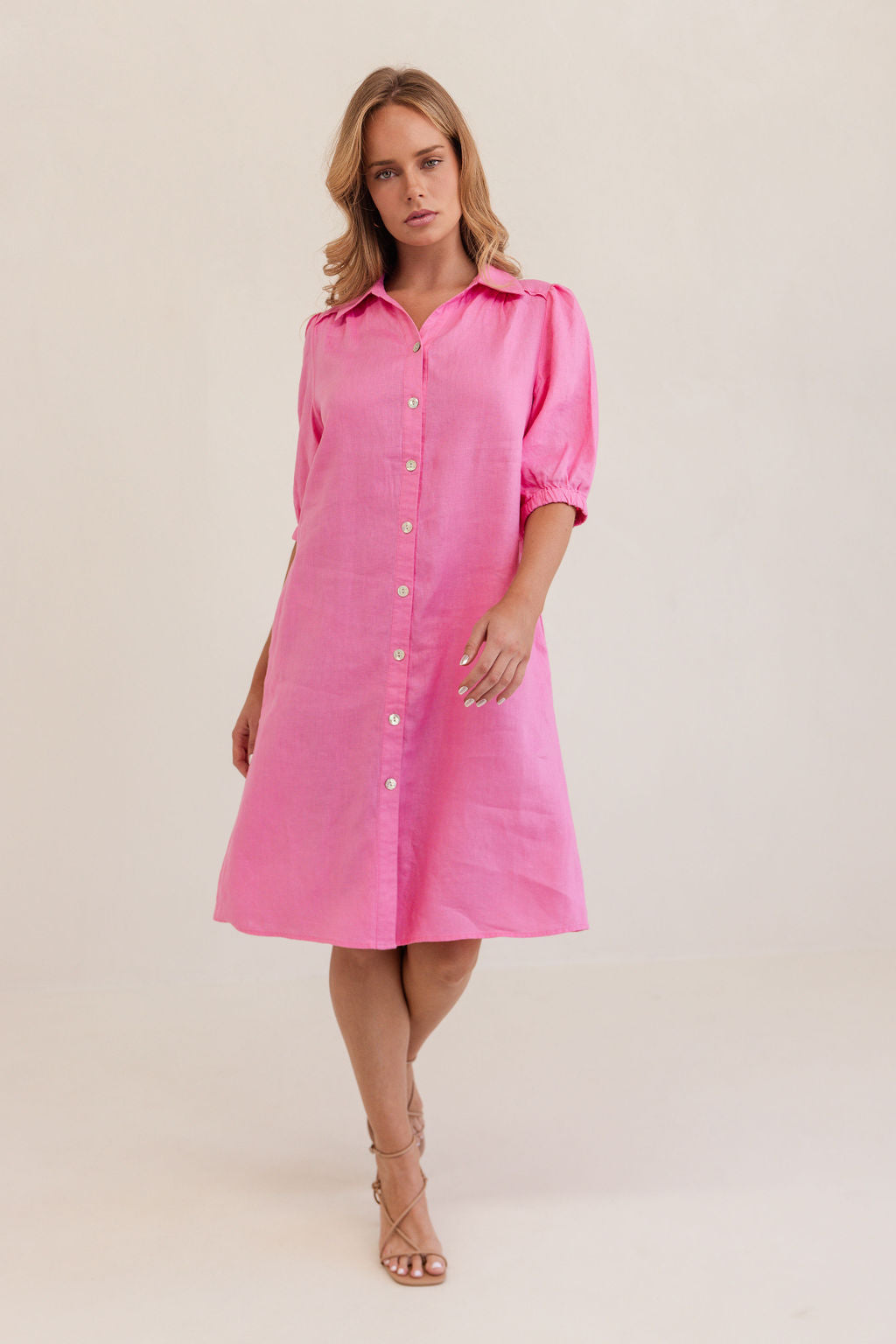 100% Linen Collared Button Thru Dress in Pink