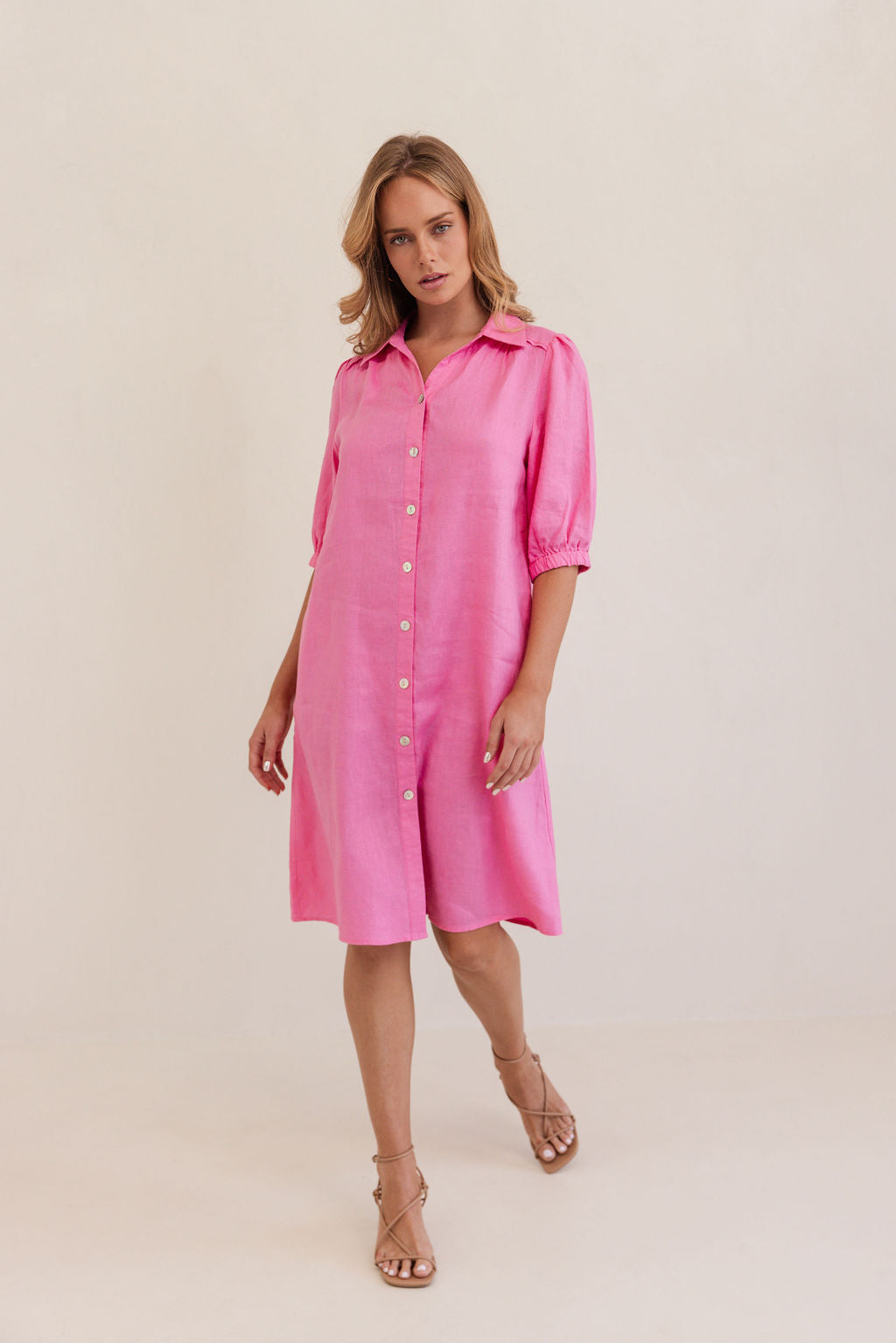 100% Linen Collared Button Thru Dress in Pink
