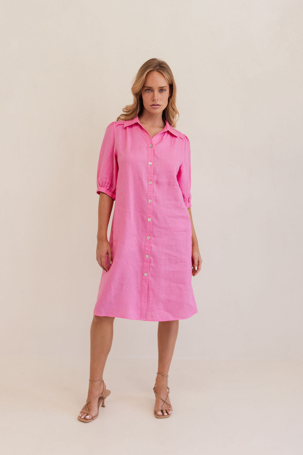 100% Linen Collared Button Thru Dress in Pink