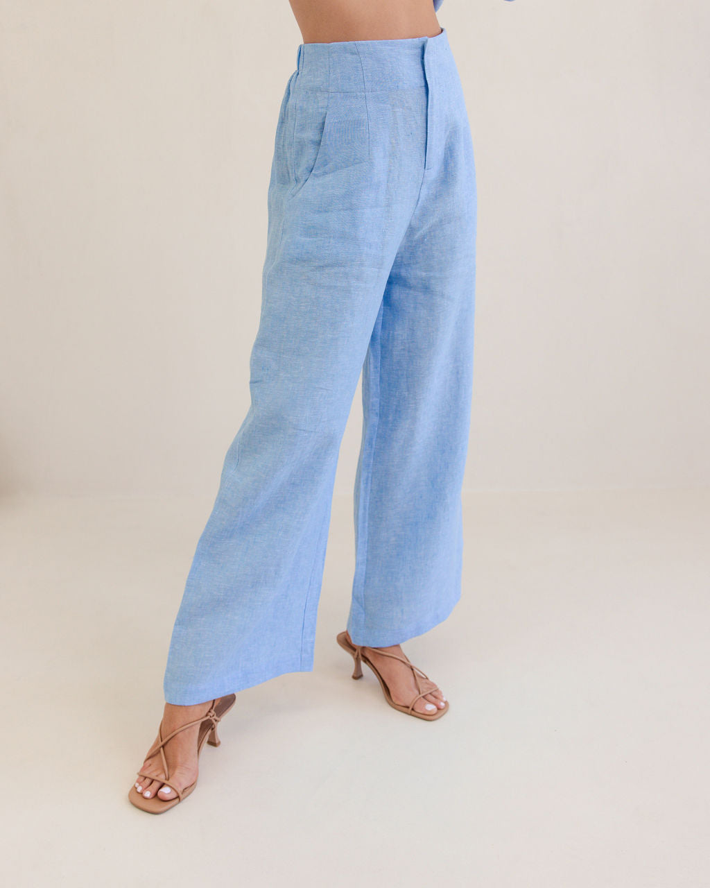 100% Linen High Waisted Wide Leg Pant in Chambray