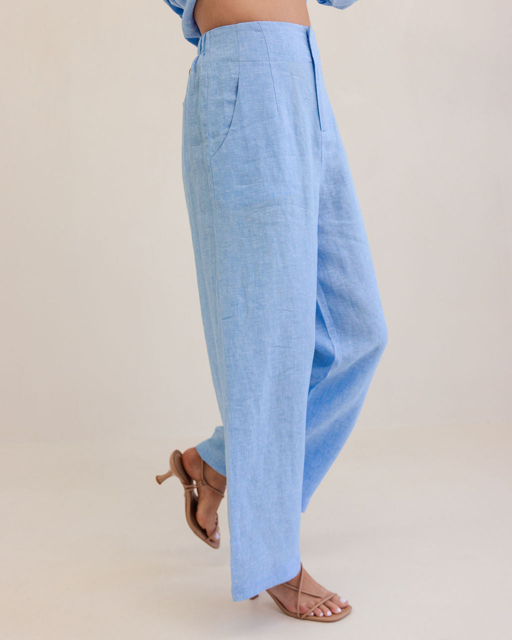 100% Linen High Waisted Wide Leg Pant in Chambray