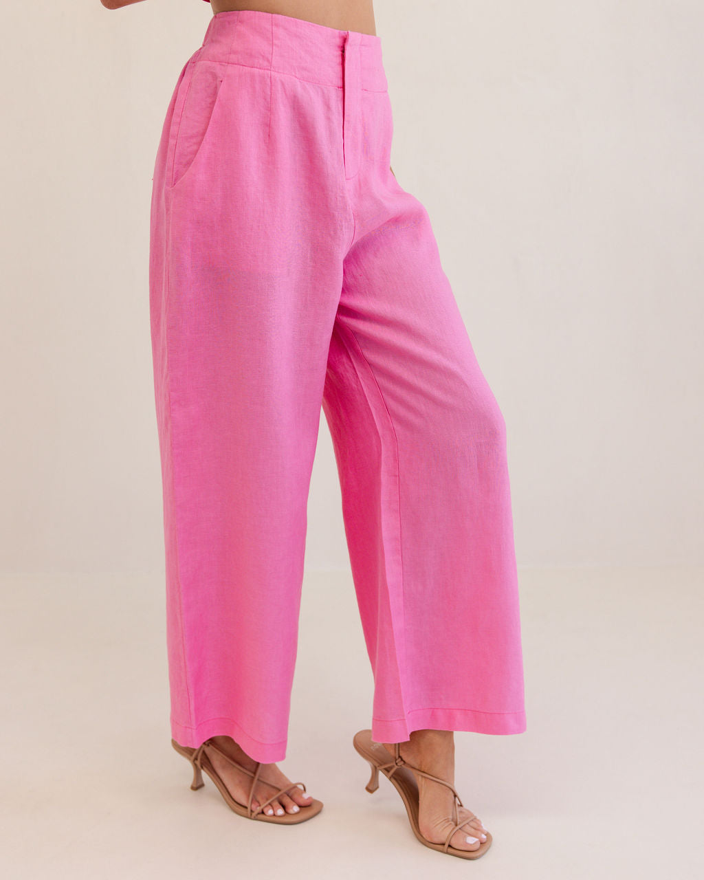 100% Linen High Waisted Wide Leg Pant in Pink