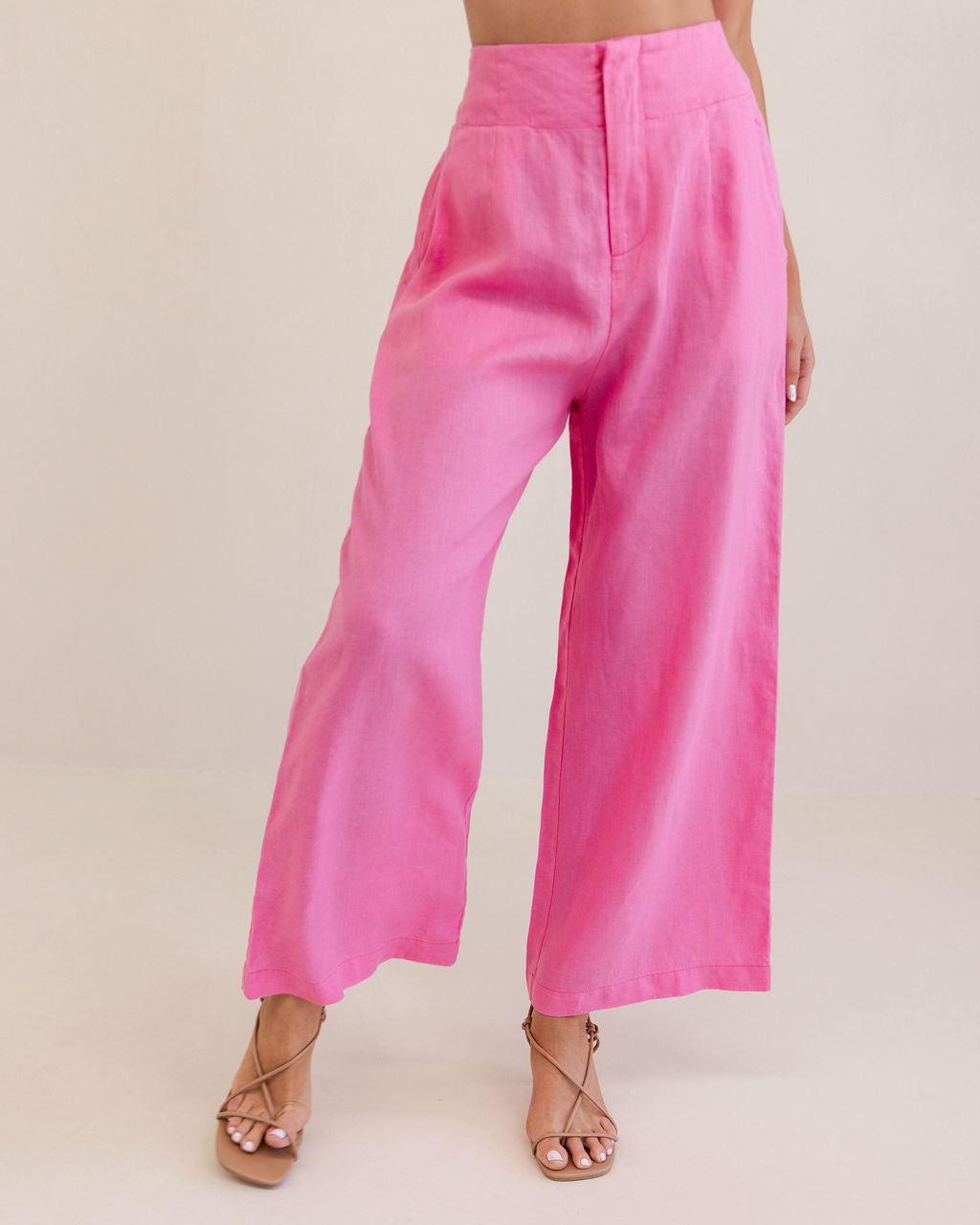 100% Linen High Waisted Wide Leg Pant in Pink