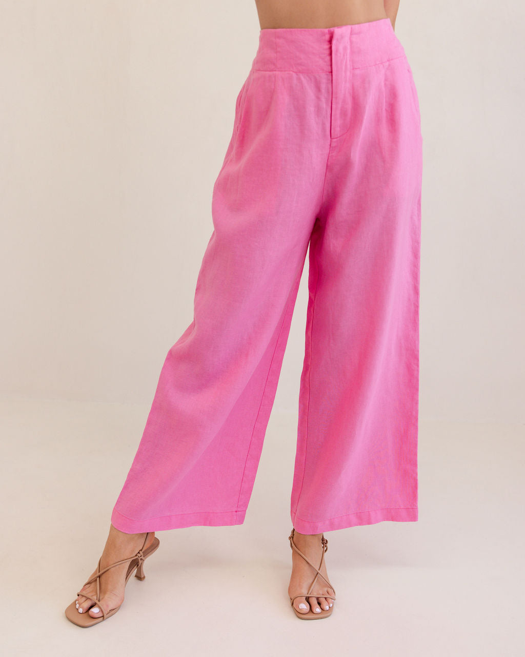 100% Linen High Waisted Wide Leg Pant in Pink