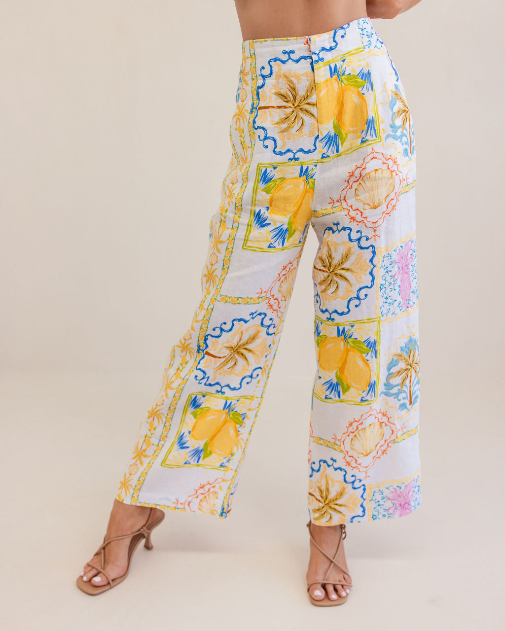 100% Linen High Waisted Wide Leg Pant in Amalfi Print | Size 12