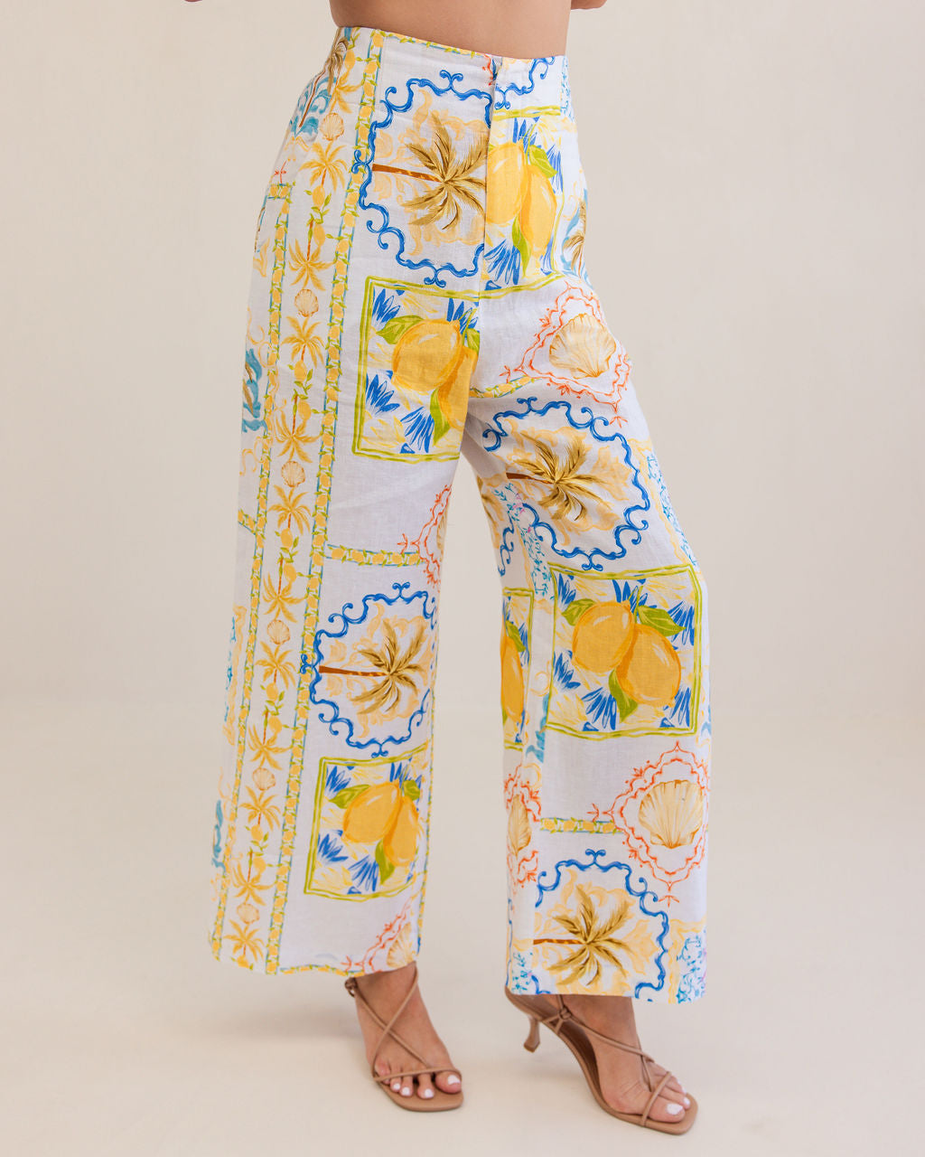 100% Linen High Waisted Wide Leg Pant in Amalfi Print | Size 12