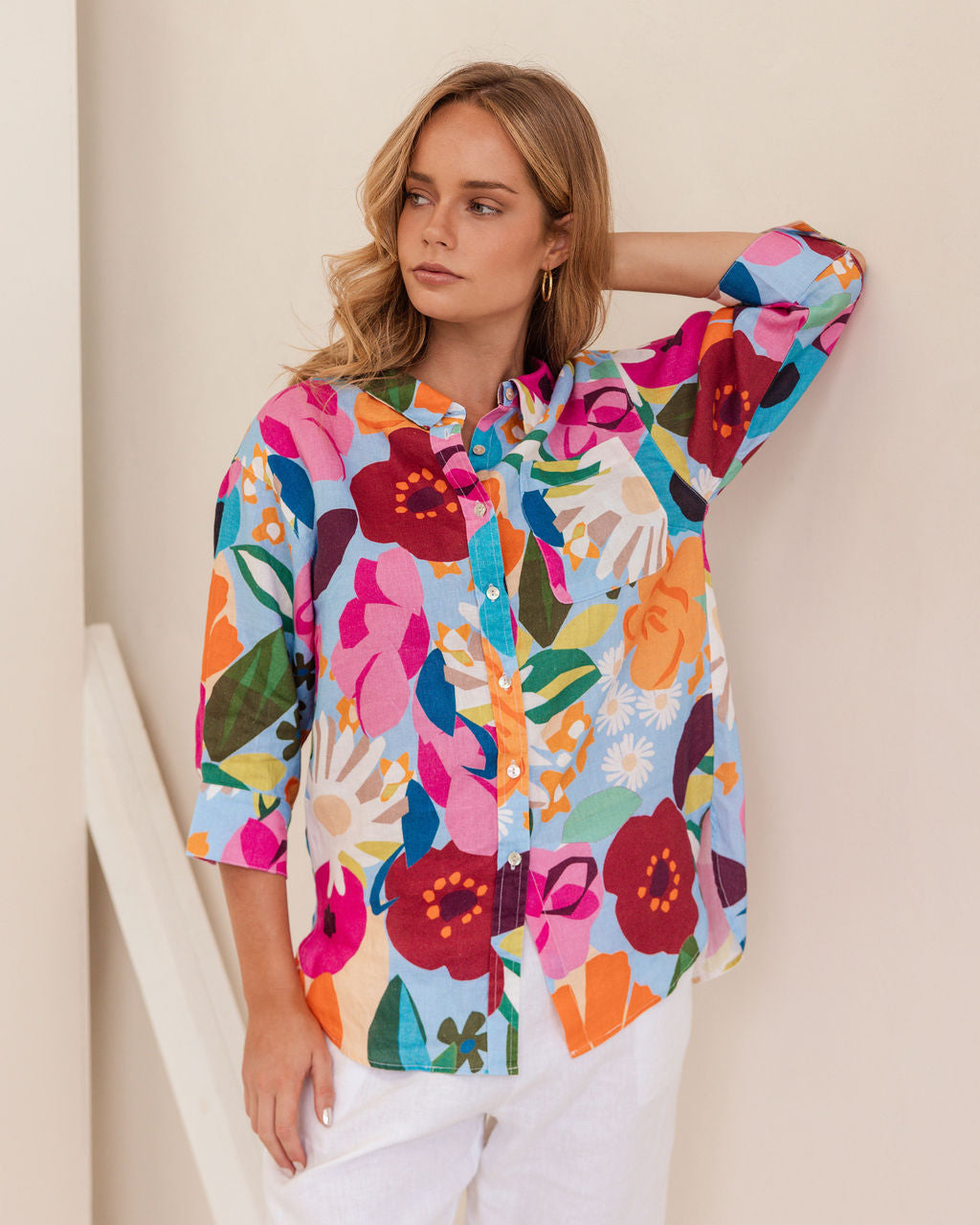 100% Linen 3/4 Sleeve Shirt in Bloom Burst